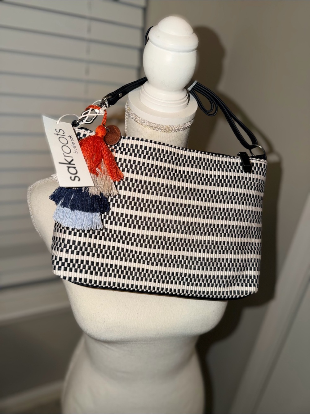 Sakroots Black & White Woven Crossbody with Multi-Color Tassel